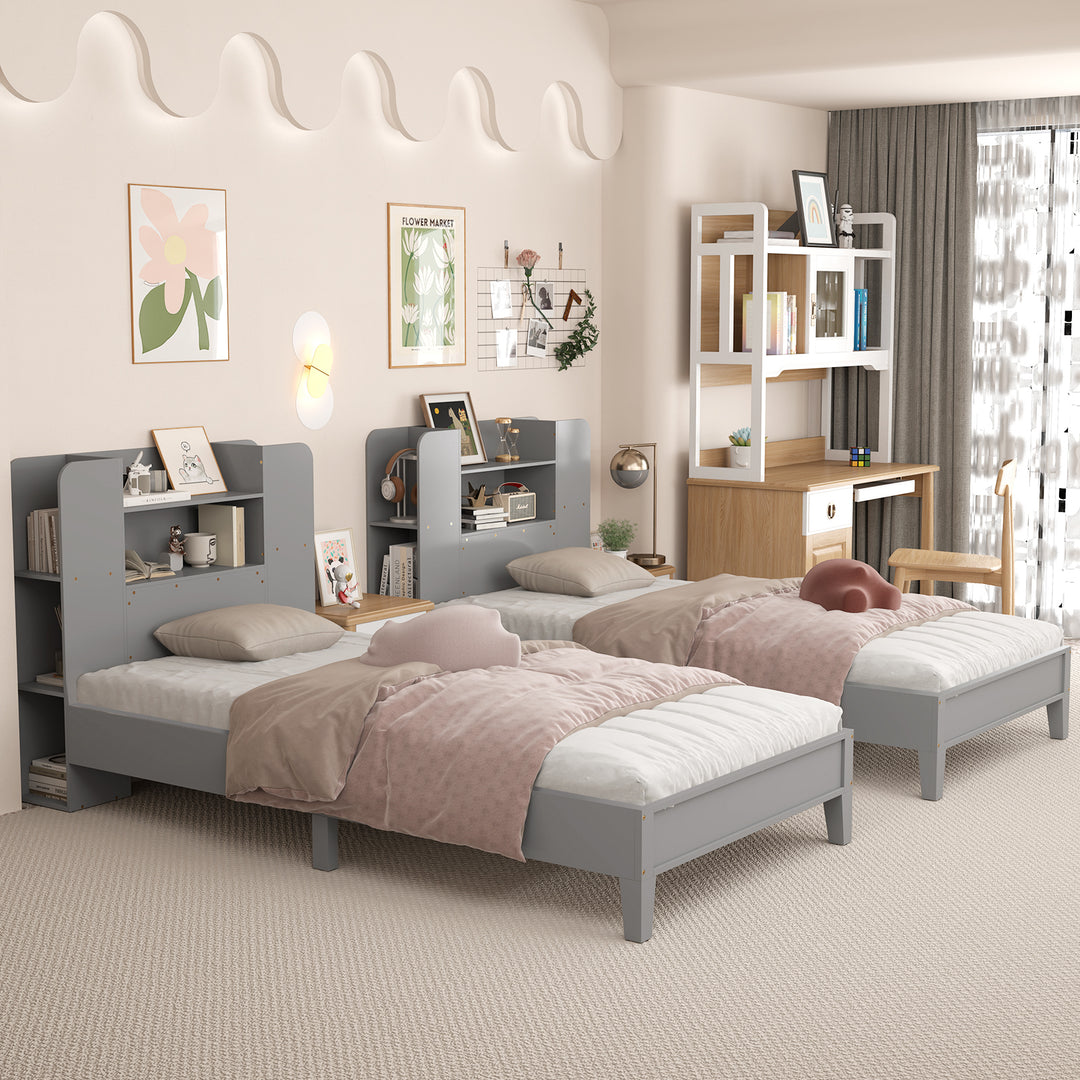 Twin Size Wooden Platform Bed Frame with Bookcase Headboard-Gray