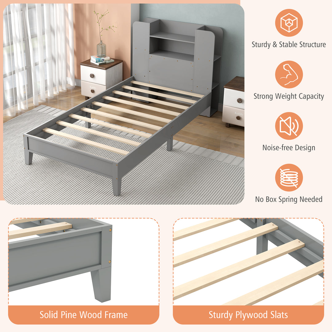 Twin Size Wooden Platform Bed Frame with Bookcase Headboard-Gray