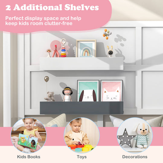 Twin Wood House Bed Montessori Floor Bed with 2 Shelves and Guardrails-Gray & White