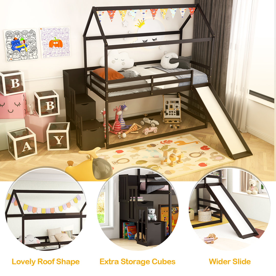 Twin over Twin Bunk Bed with Slide and 2-Step Storage Staircase-Espresso