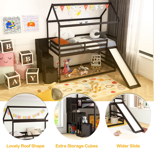 Twin over Twin Bunk Bed with Slide and 2-Step Storage Staircase-Espresso