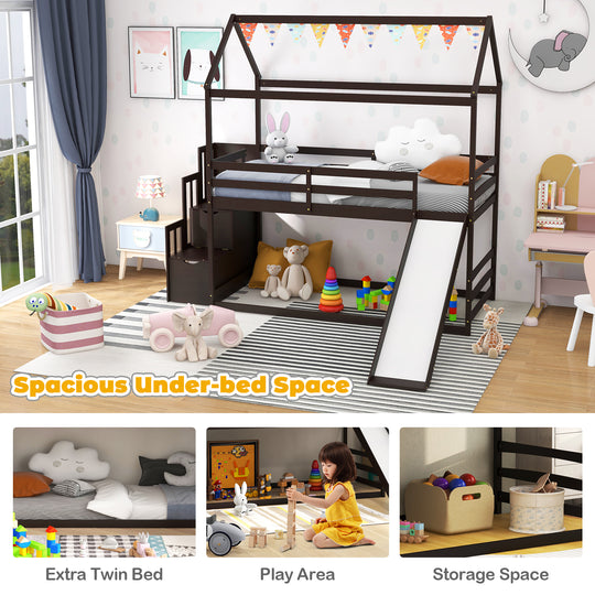 Twin over Twin Bunk Bed with Slide and 2-Step Storage Staircase-Espresso