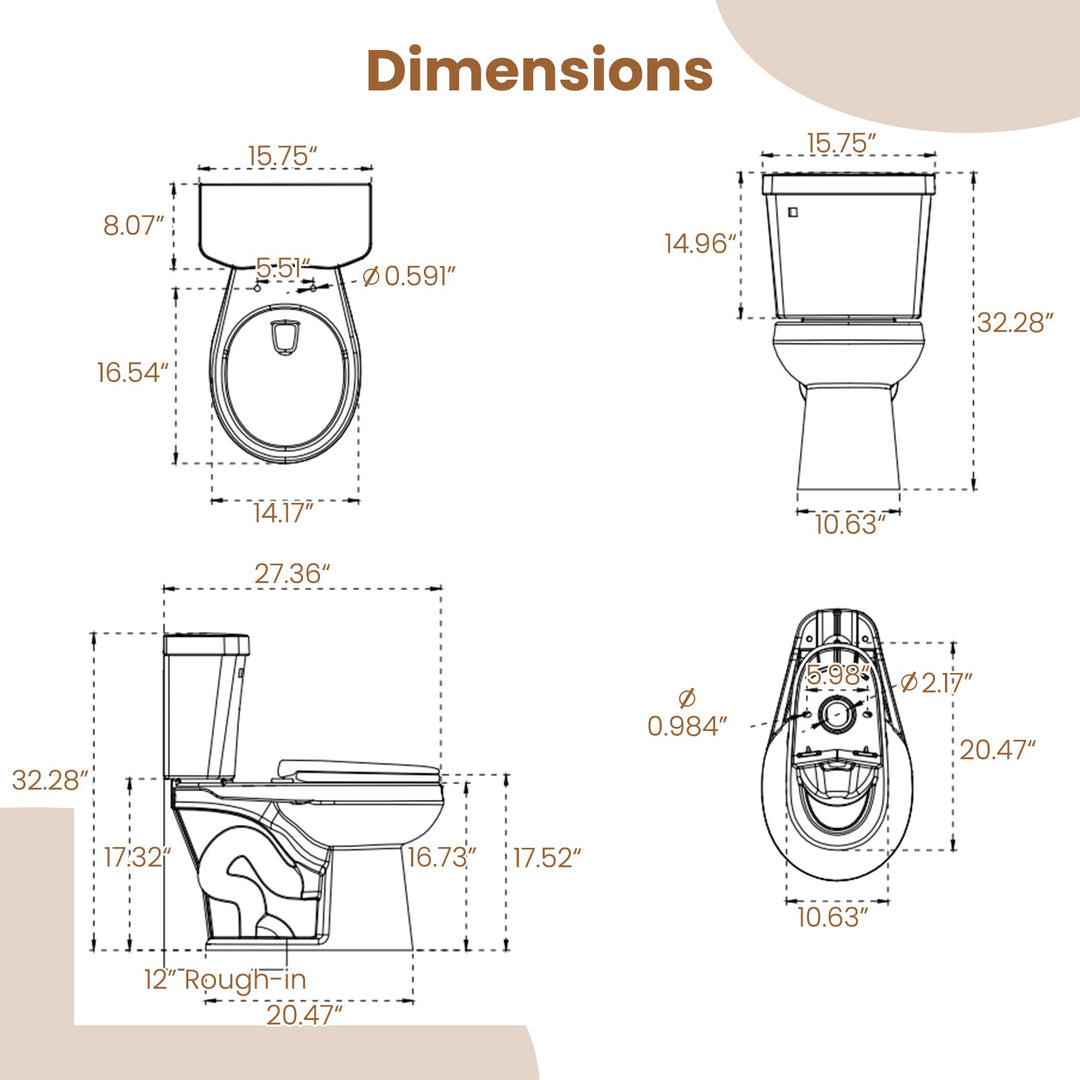 Two-Piece Round Toilet with 17.5 inch ADA Comfort Chair Height Seat