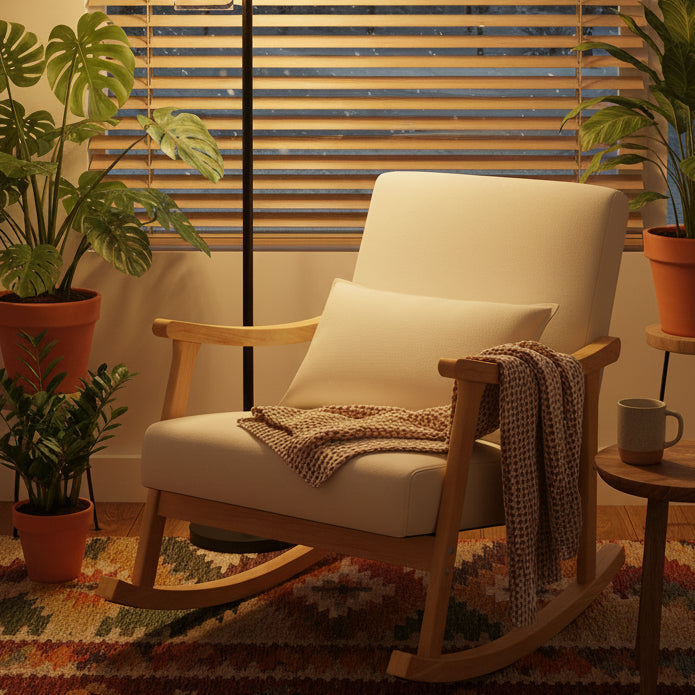 Upholstered Rocking Chair with Pillow and Rubber Wood Frame