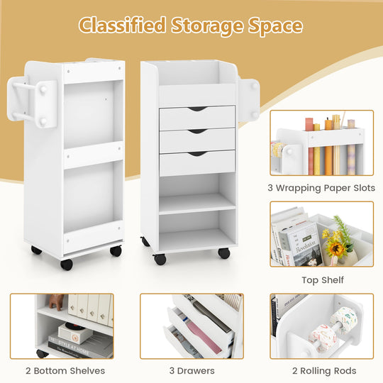 Utility Trolley with Open Shelves and 3 Drawers-White