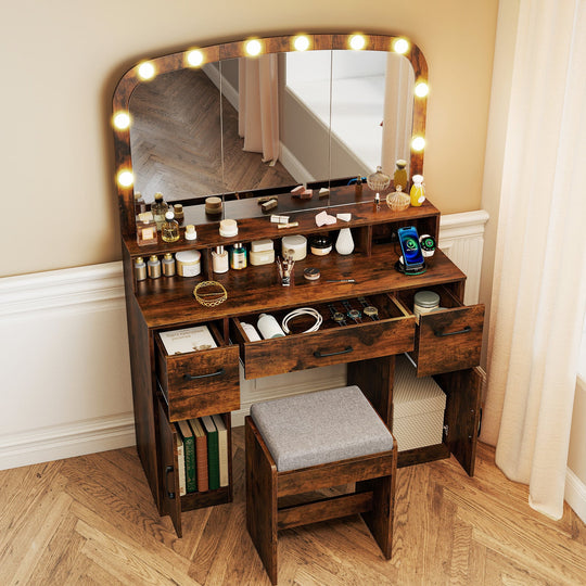 Vanity Desk Makeup Table with Stool 3-Color Lights and Charging Station