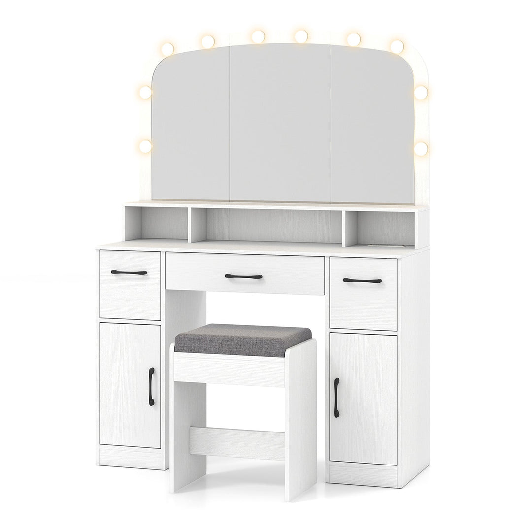 Vanity Desk Makeup Table with Stool 3-Color Lights and Charging Station
