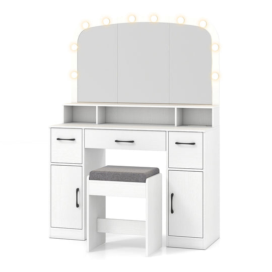 Vanity Desk Makeup Table with Stool 3-Color Lights and Charging Station