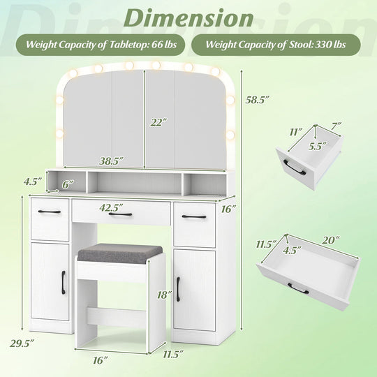 Vanity Desk Makeup Table with Stool 3-Color Lights and Charging Station