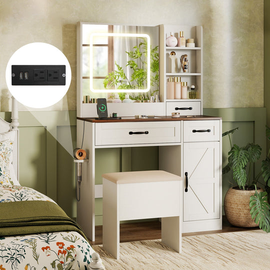 Vanity Desk with Mirror and Lights Farmhouse Makeup Dressing Table-White