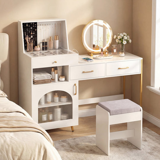 Vanity Desk with Lighted Mirror, Storage & Cushioned Stool
