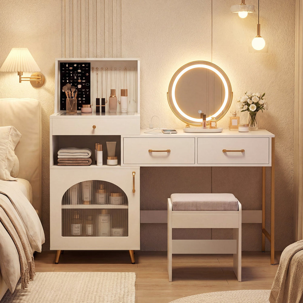 Vanity Desk with Lighted Mirror, Storage & Cushioned Stool