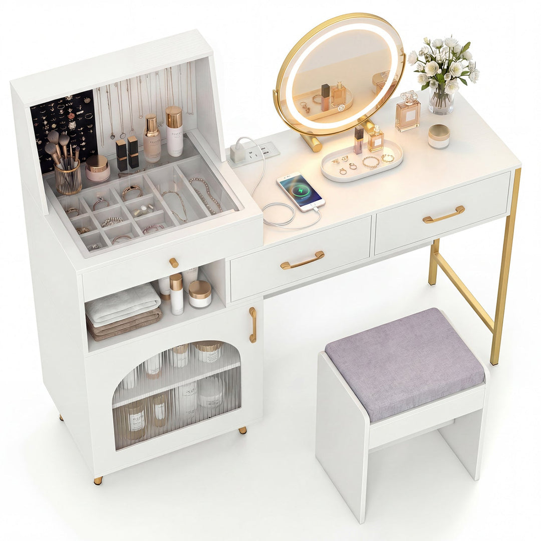 Vanity Desk with Lighted Mirror, Storage & Cushioned Stool