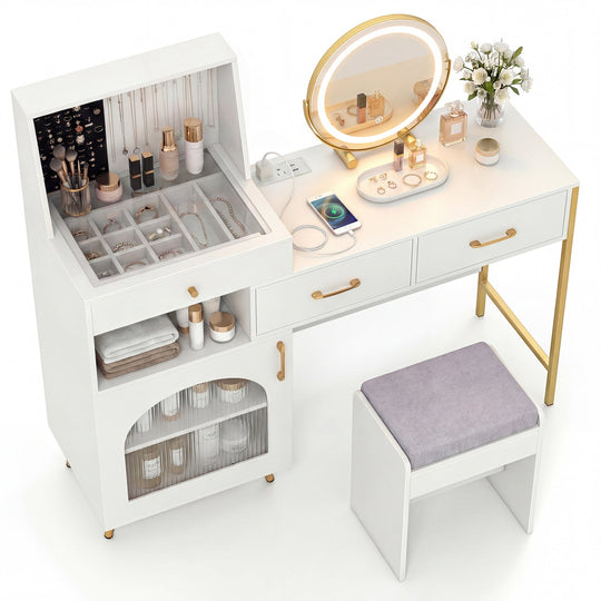 Vanity Desk with Lighted Mirror, Storage & Cushioned Stool