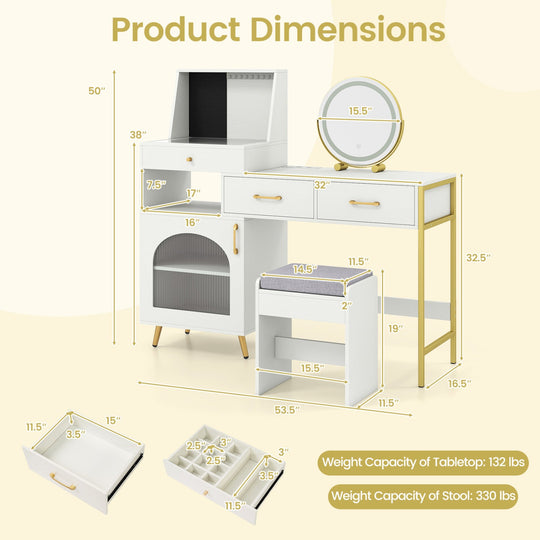 Vanity Desk with Lighted Mirror, Storage & Cushioned Stool