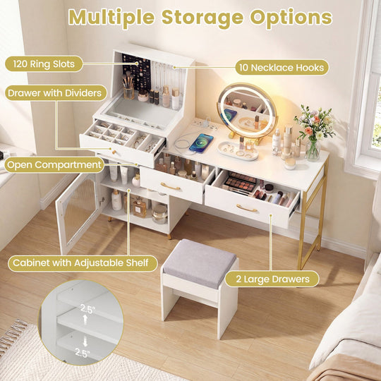 Vanity Desk with Lighted Mirror, Storage & Cushioned Stool