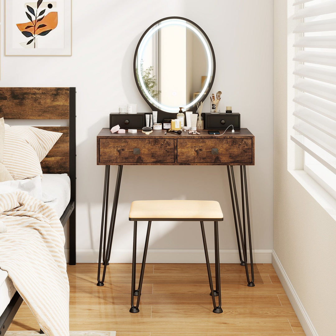 Vanity Table Set with 3-Color Lighted Dimmable Mirror
