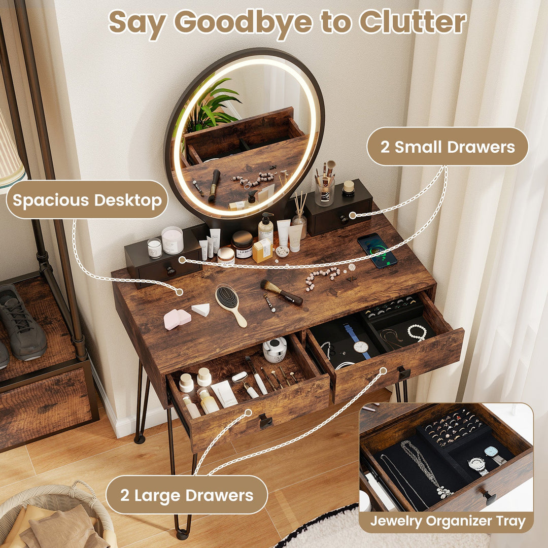 Vanity Table Set with 3-Color Lighted Dimmable Mirror