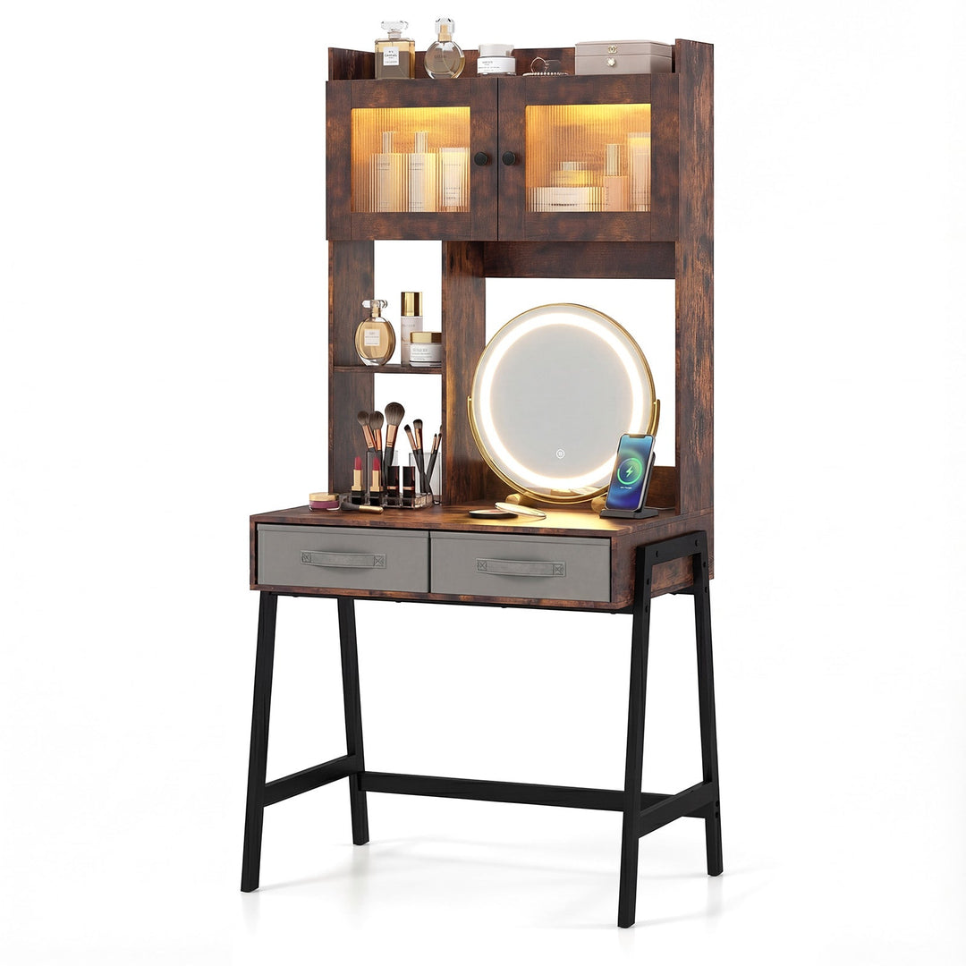 Vanity Desk with Rotatable Mirror and Lights Modern Dressing Table with 3 Light Colors-Brown