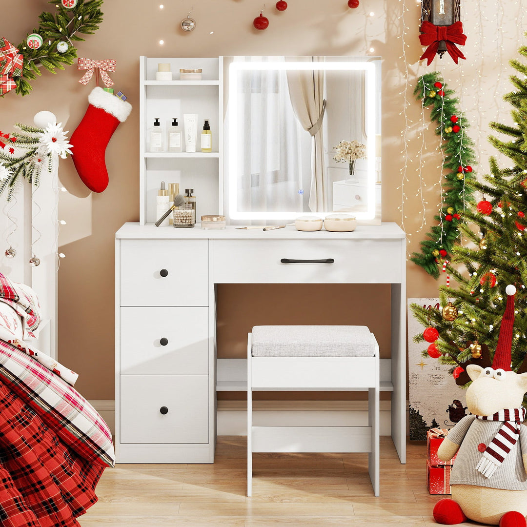 Vanity Desk with Sliding Mirror and Lights Makeup Table and Chair Set with 4 Drawers-White