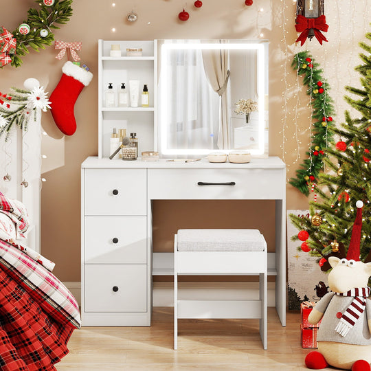 Vanity Desk with Sliding Mirror and Lights Makeup Table and Chair Set with 4 Drawers-White