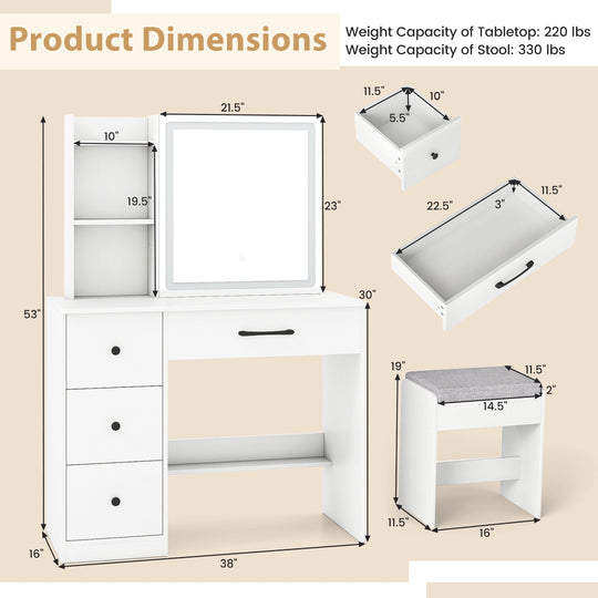 Vanity Desk with Sliding Mirror and Lights Makeup Table and Chair Set with 4 Drawers-White