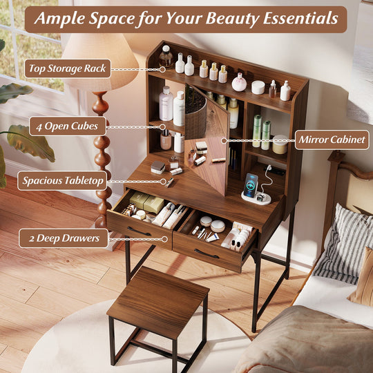 Vanity Desk with Storage Drawers and Charging Station