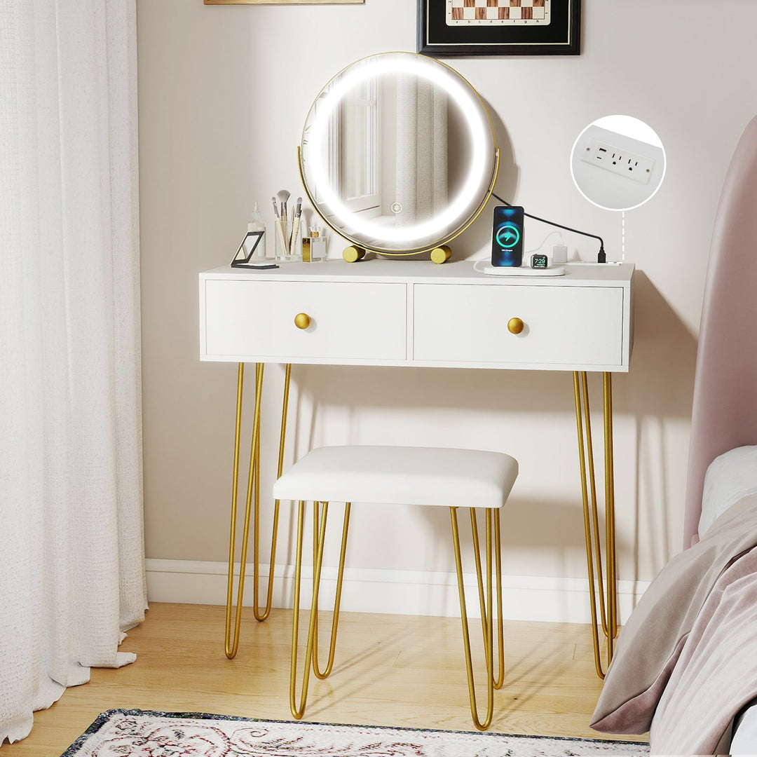 Vanity Desk with with Lighted Adjustable Mirror for Bedroom