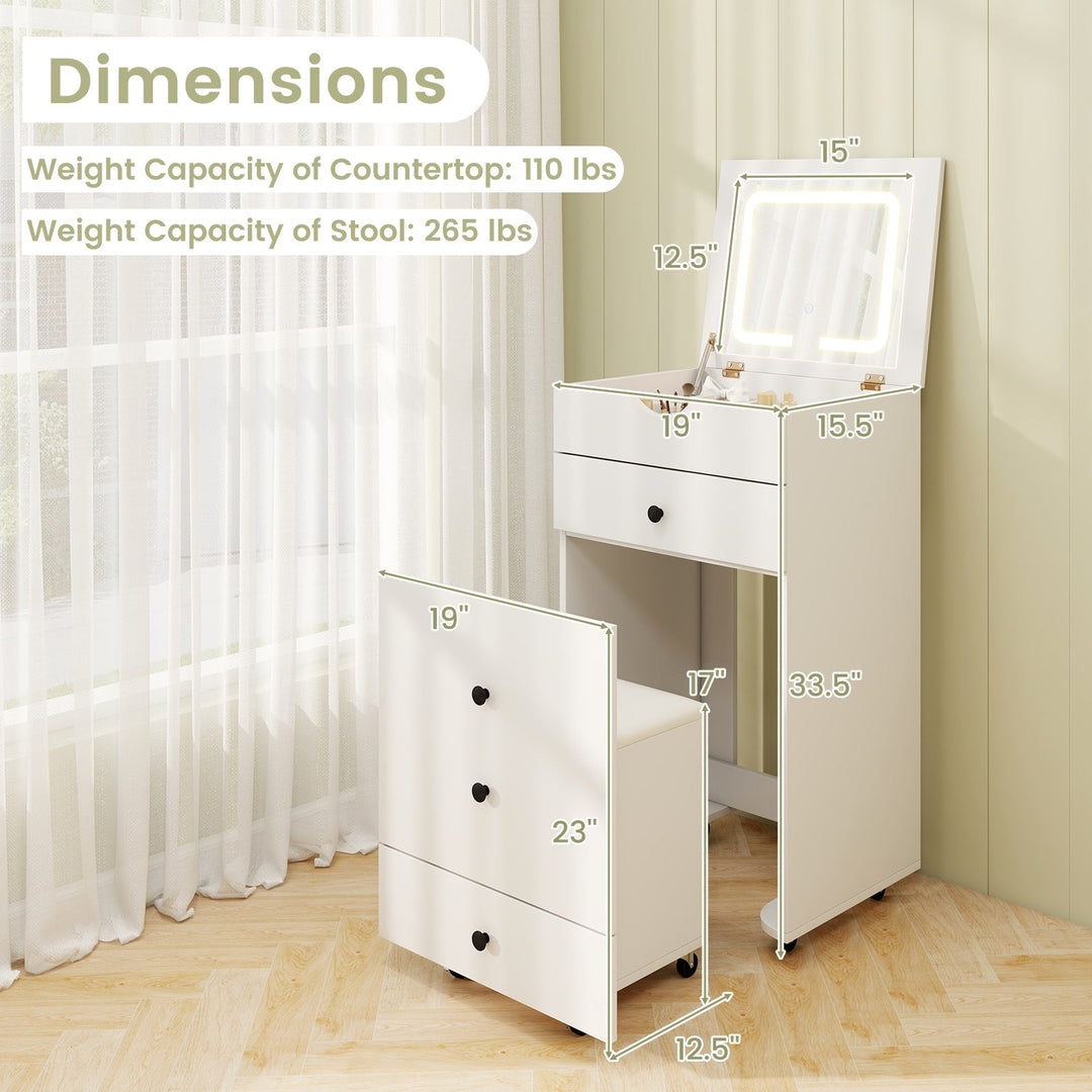3-in-1 Vanity Set with Cushioned Stool and Flip-up Mirror-White