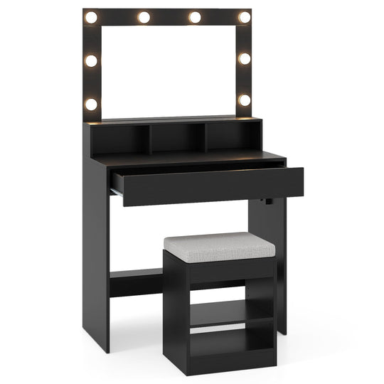 Vanity Table Set with Lighted Mirror and Cushion Stool