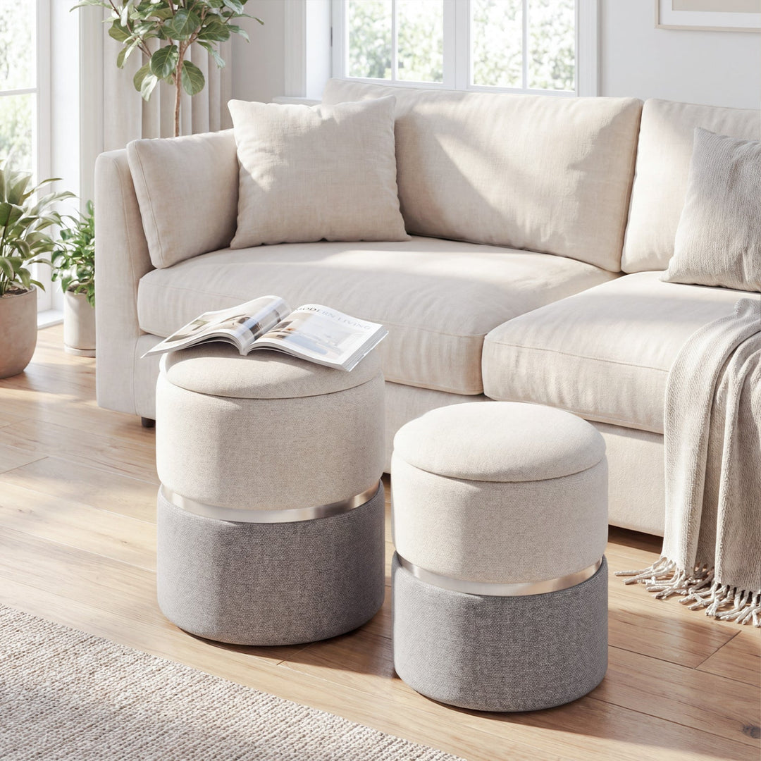 Velvet/Linen Fabric Storage Ottoman Set of 2