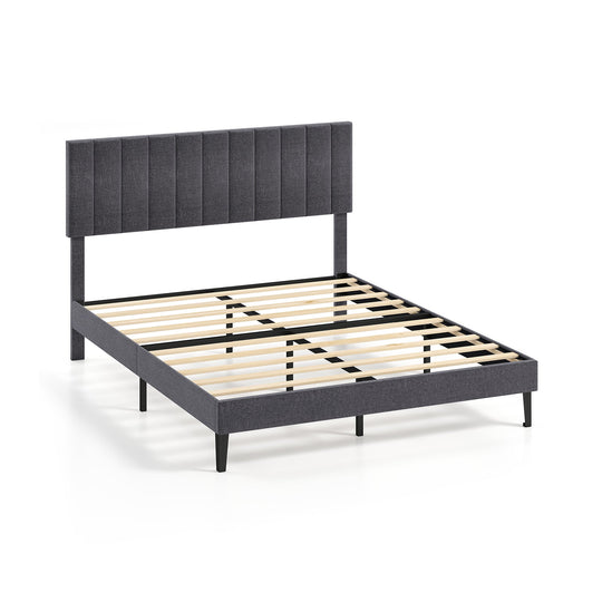 Velvet Upholstered Platform Bed with Height Adjustable Vertical Channel Headboard