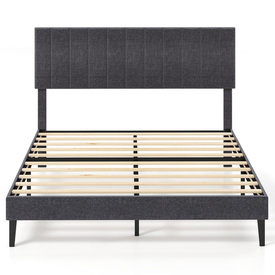 Velvet Upholstered Platform Bed with Height Adjustable Vertical Channel Headboard