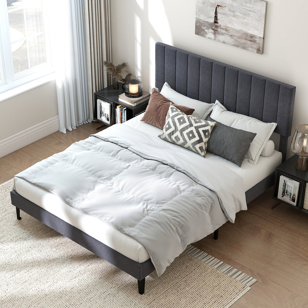 Velvet Upholstered Platform Bed with Height Adjustable Vertical Channel Headboard