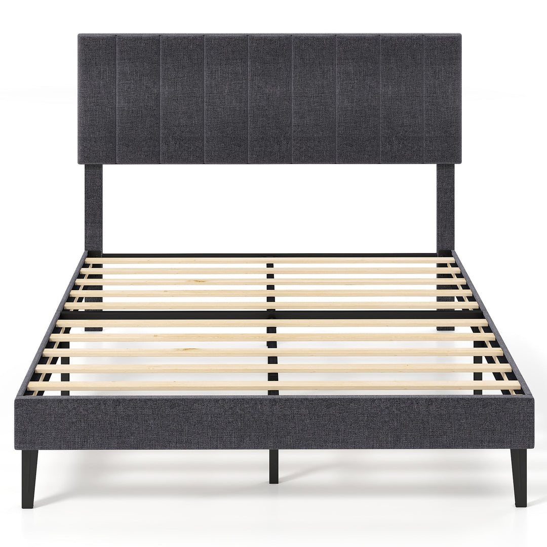 Velvet Upholstered Platform Bed with Height Adjustable Vertical Channel Headboard