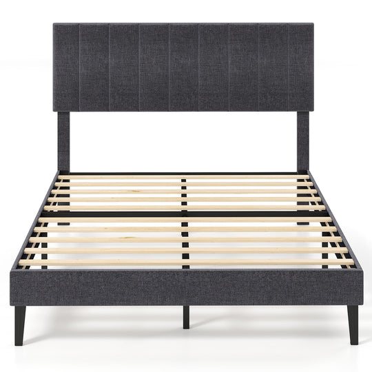Velvet Upholstered Platform Bed with Height Adjustable Vertical Channel Headboard