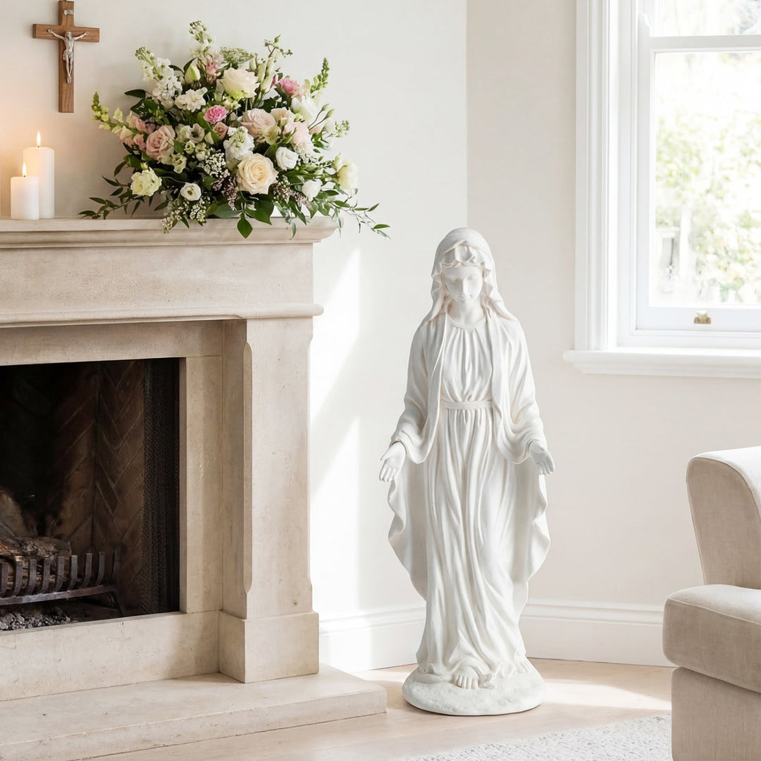 Virgin Mary Statue 29.5 inch Tall Outdoor Religious Sculpture with Aged Finish
