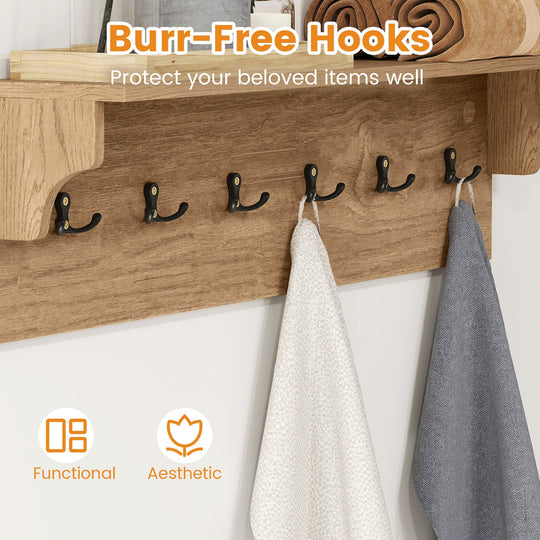 Wall Hooks with Shelf 31.5inch Wooden Coat Rack with 6 Hooks for Hats Towels Purses Robes