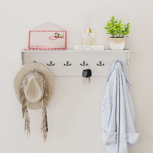 Wall Hooks with Shelf 31.5inch Wooden Coat Rack with 6 Hooks for Hats Towels Purses Robes