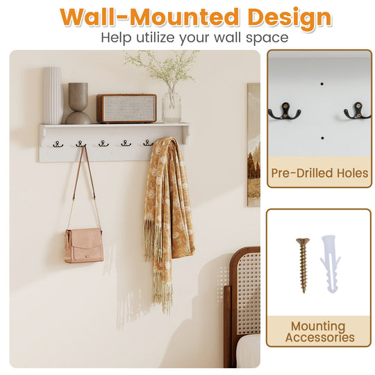 Wall Hooks with Shelf 31.5inch Wooden Coat Rack with 6 Hooks for Hats Towels Purses Robes