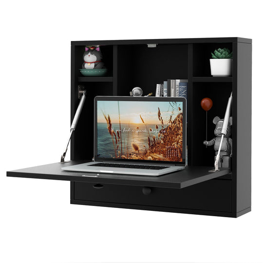 Wall-Mount Folding Desk with Storage Shelves and Drawer