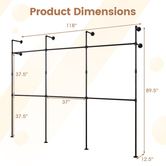 Wall Mounted Pipe Clothing Rack with 6 Hanging Rods
