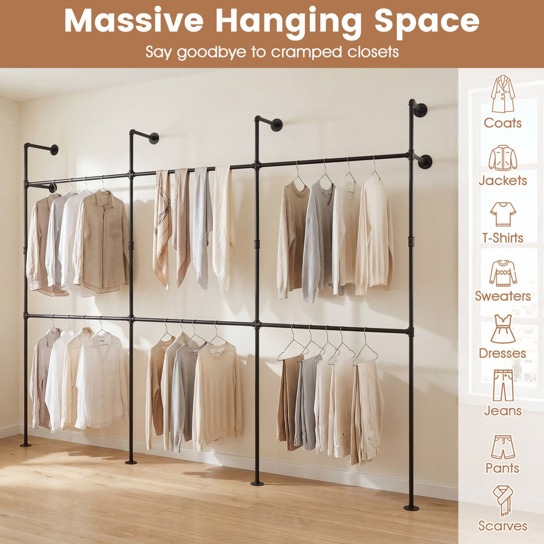 Wall Mounted Pipe Clothing Rack with 6 Hanging Rods