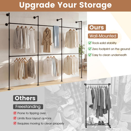 Wall Mounted Pipe Clothing Rack with 6 Hanging Rods