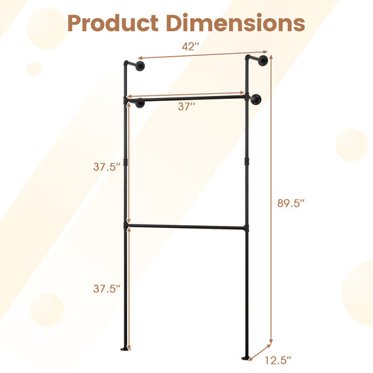 Wall Mounted Pipe Clothing Rack with 2 Hanging Rods