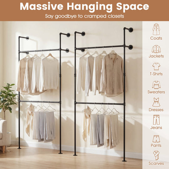 Wall Mounted Pipe Clothing Rack with 2 Hanging Rods