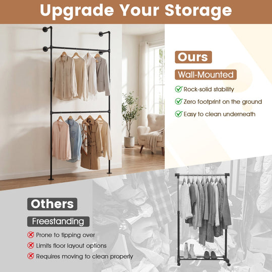 Wall Mounted Pipe Clothing Rack with 2 Hanging Rods