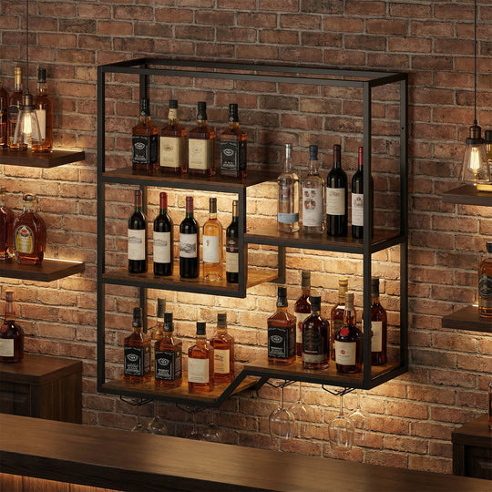Wall Mounted Wine Rack 6-Tier Hanging Bar Shelf with Bottle Display Shelf and Glass Holder-Rustic Brown