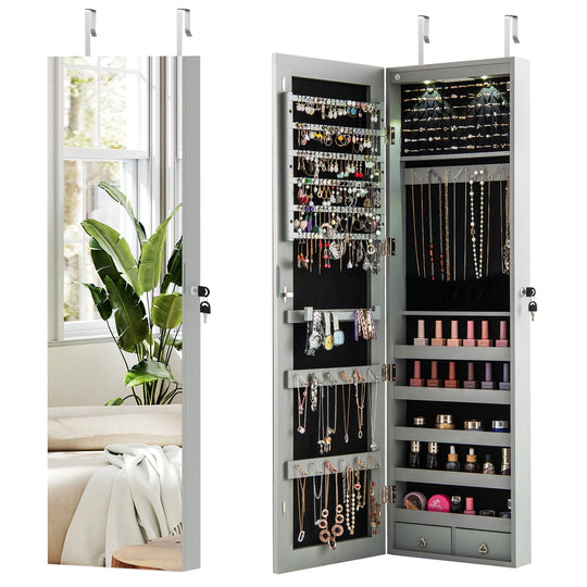 Wall and Door Mounted Mirrored Jewelry Cabinet with Lights