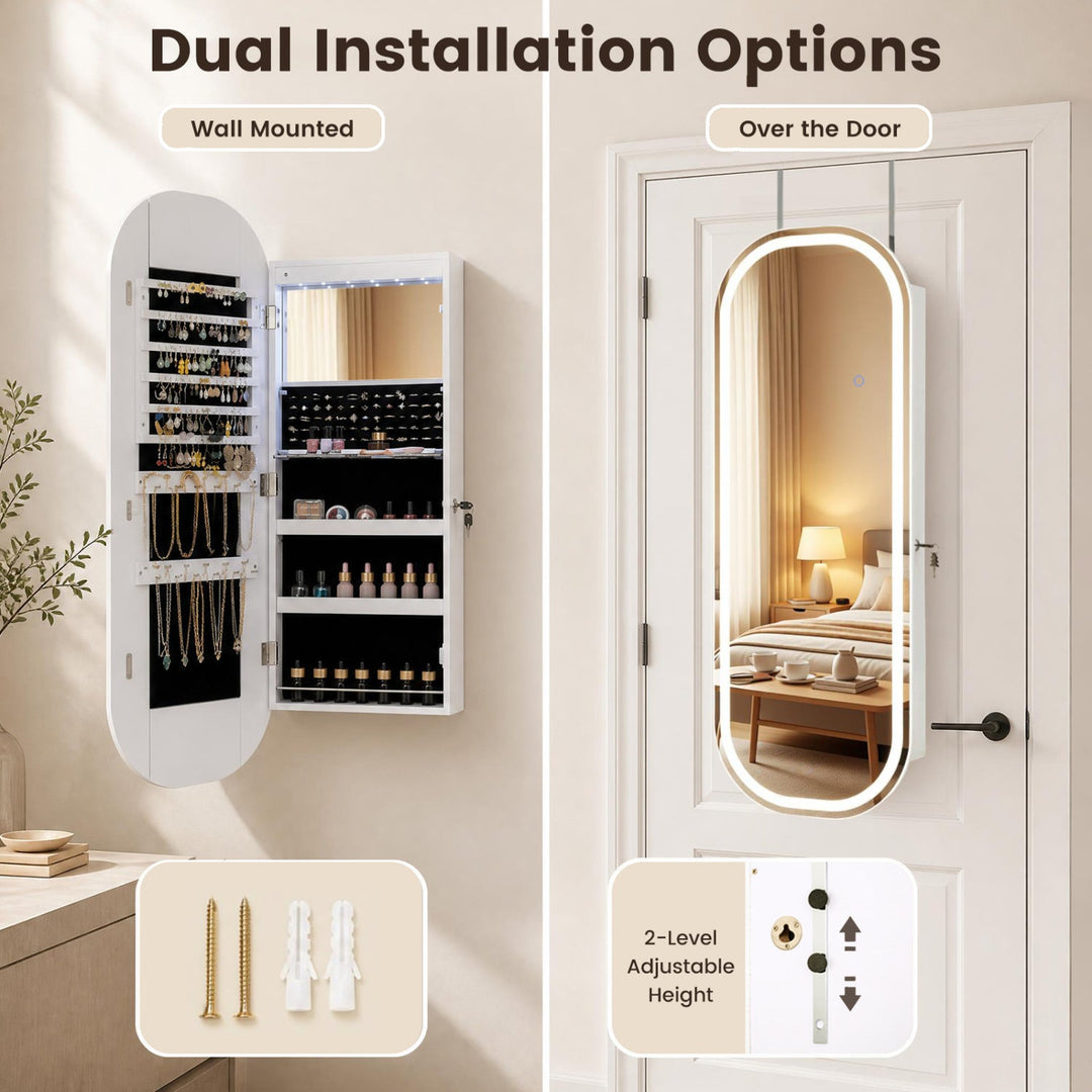 Wall & Door Mounted Jewelry Cabinet with LED Mirror - White